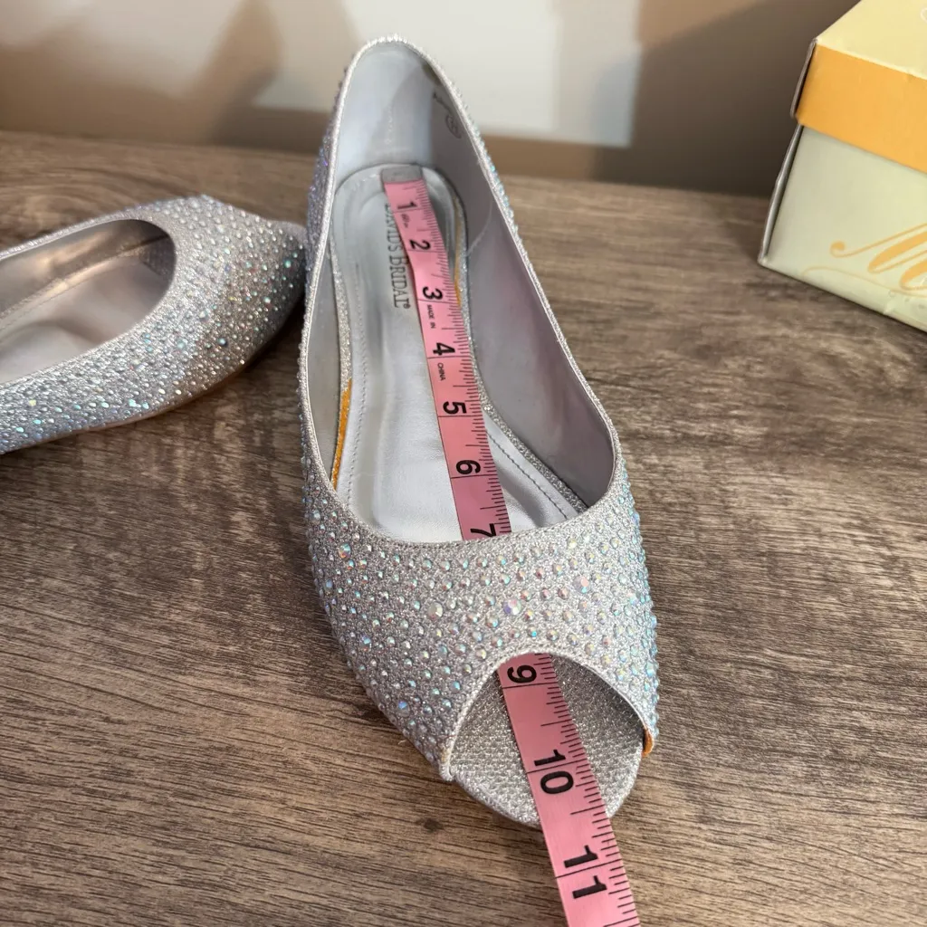 Michaelangelo David’s Bridal Silver Rhinestone Wedge Peep Toe Dress Shoes Sz 11 - Image 10