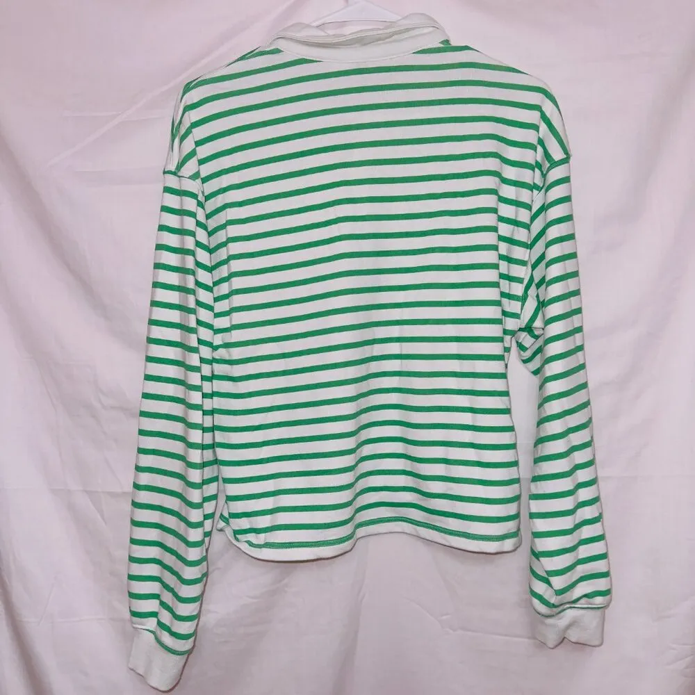 H&M Divided Green White Striped Long Sleeve Collared Top women's size XS - Image 7