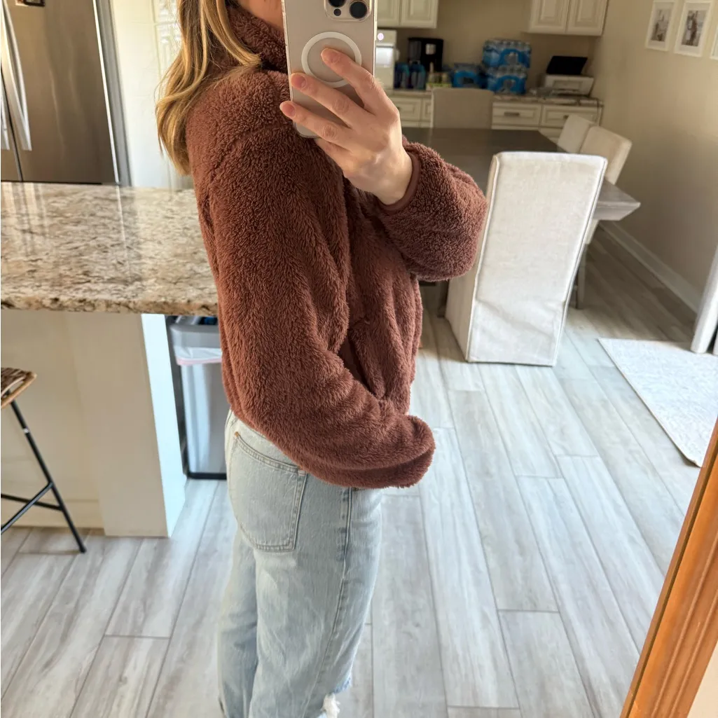 Old Navy Logo Sherpa Warm-Up Jacket Full Zip Brown Small - Image 3