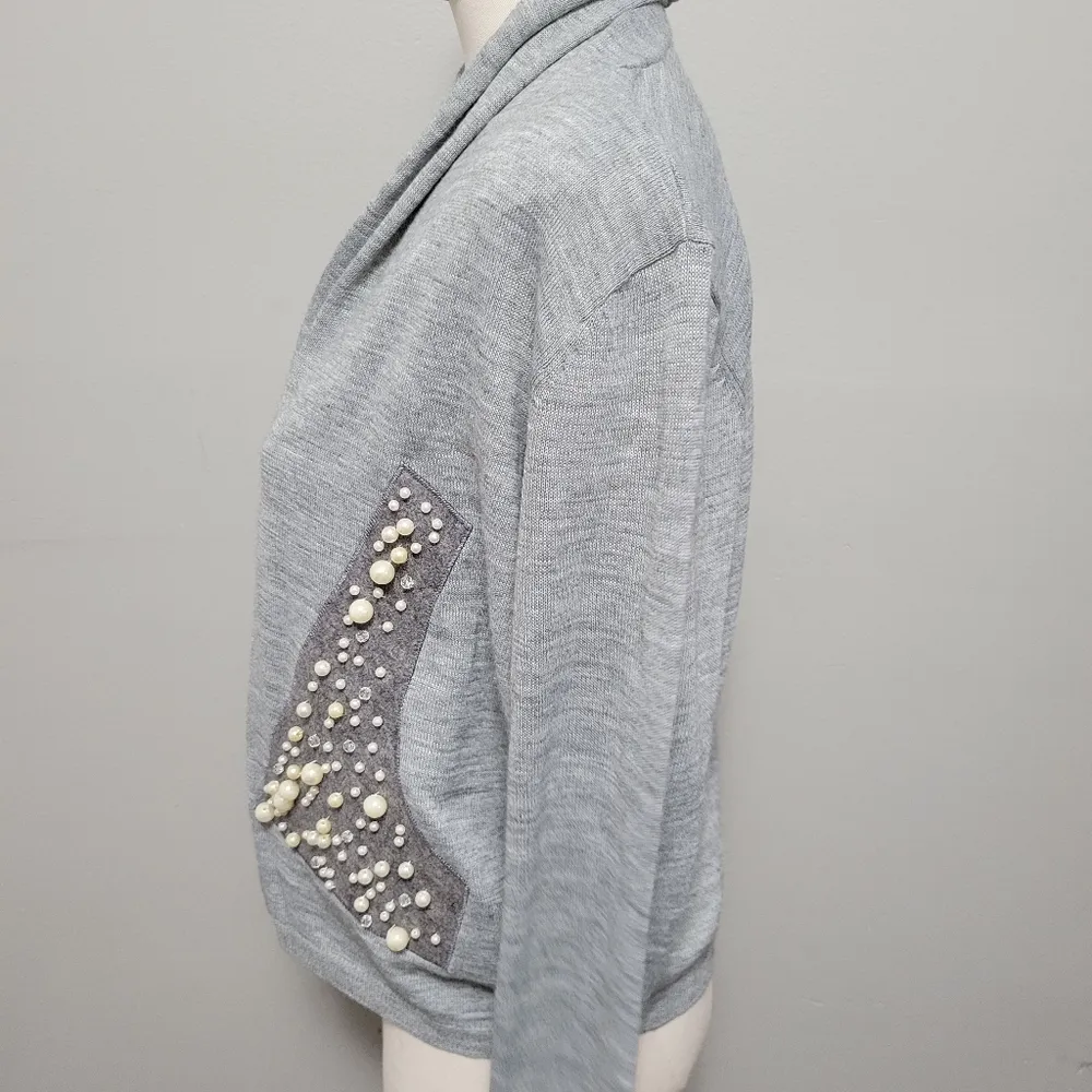 Spiegel gray pearl embellished open front wool blend cardigan size large - Image 4