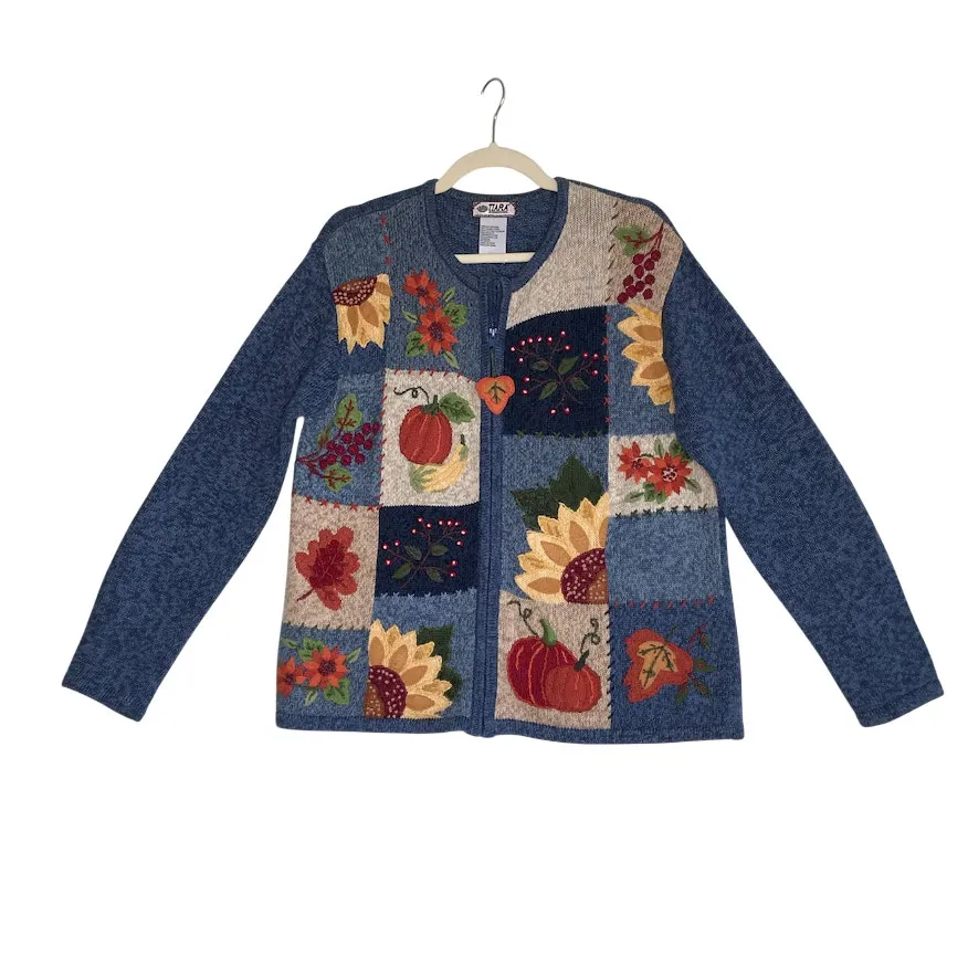TIARA Vintage Patchwork Enbroidery Full Zip Cardigan Sz M Blue Retro Cottage Y2K - Image 4