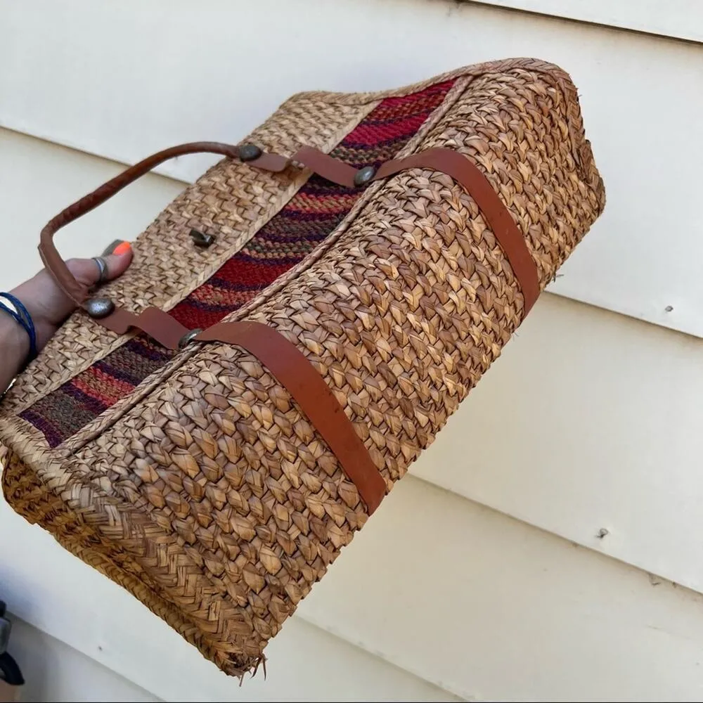 Vintage woven straw boho briefcase bag Tan - Image 4
