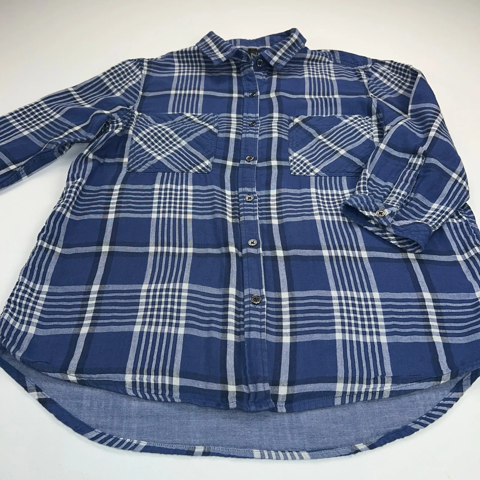 Seven7 Double Layer Gauzy Cotton Blue Plaid 3/4 Sleeve Button Up Shirt Size M - Image 8