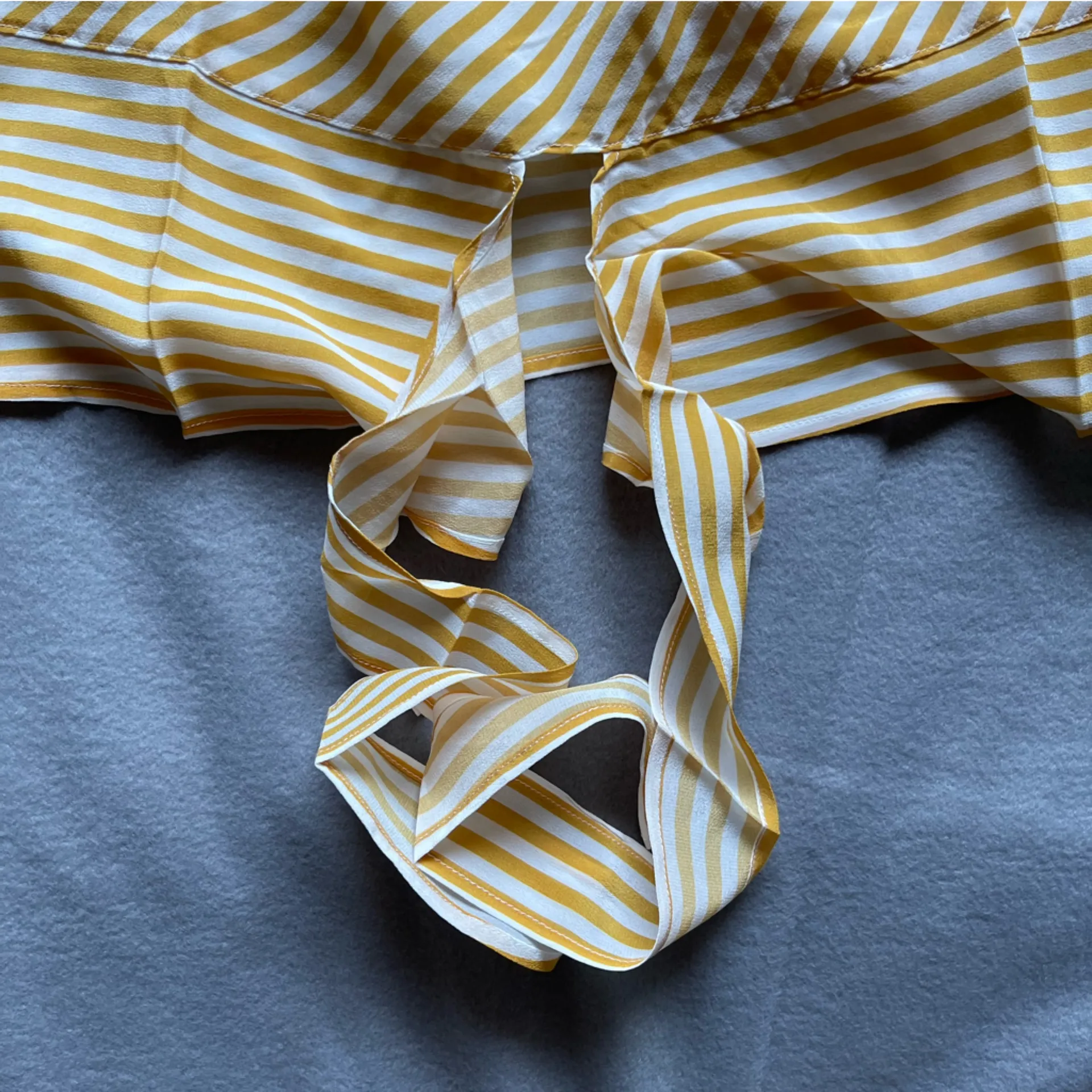 Gold Hawk 100% Silk Cami Gold & White Stripe Tie Waist Front Small Boho Coquette Yellow - Image 5