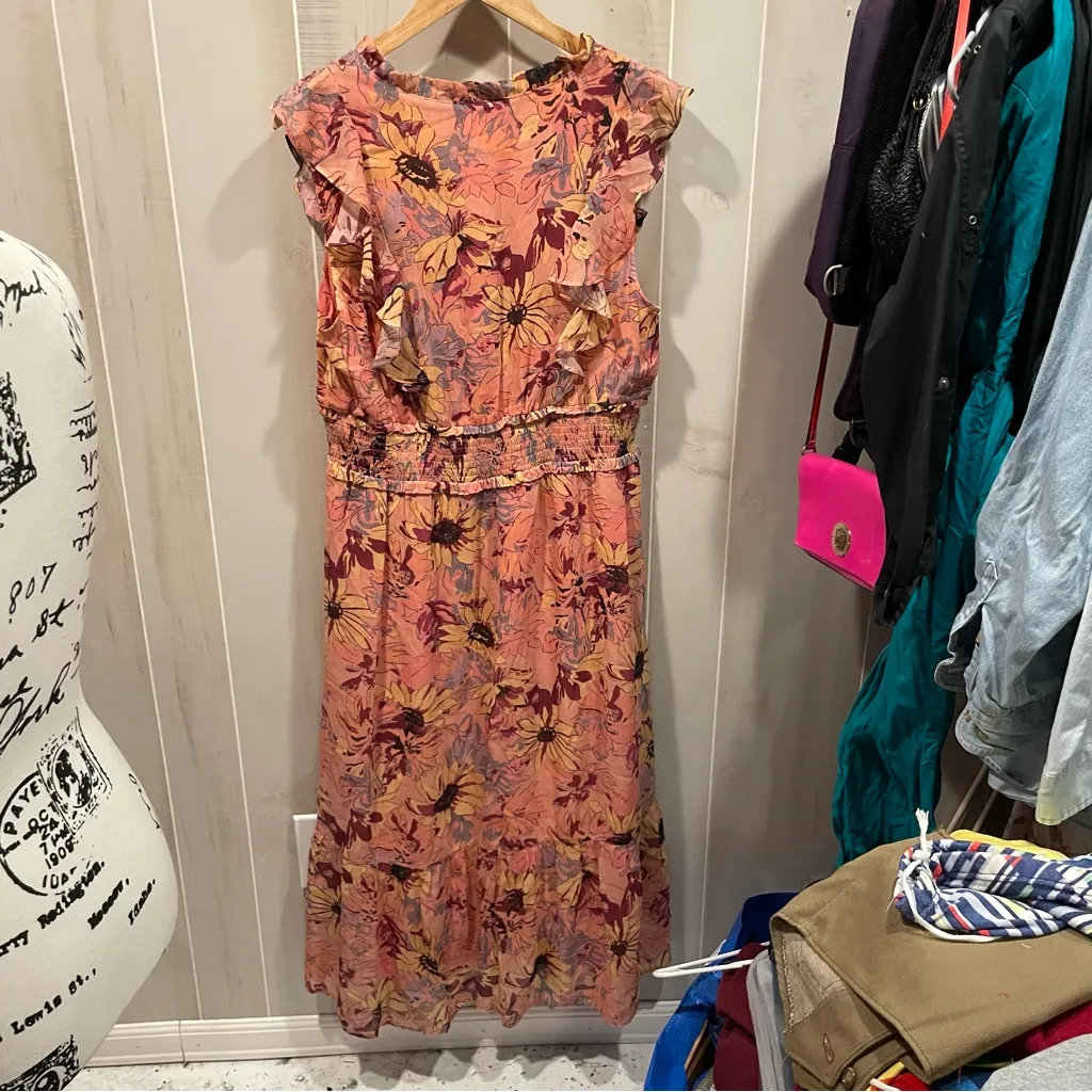 Beautiful fairy floral blush smocked waist silk ruffle dress Paige midi maxi - Image 11