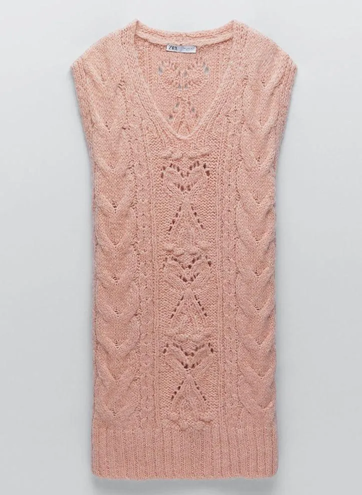 Zara
Wool Alpaca Blend Sleeveless Cable Blush Sweater S - Image 3