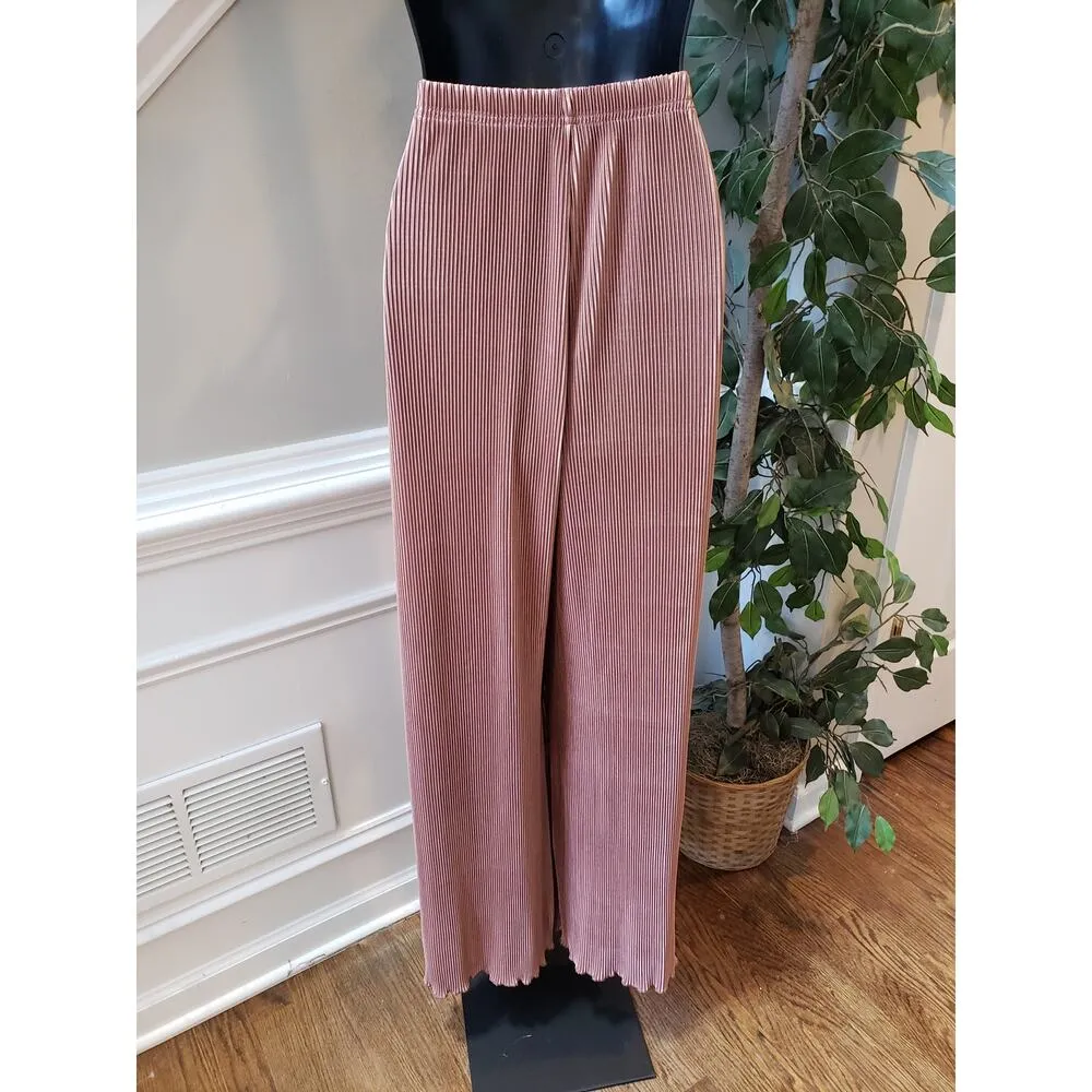 Women Pleated Lounge Set XL Pink Long Sleeve Button Top Wide Leg Pants 2 Piece - Image 3