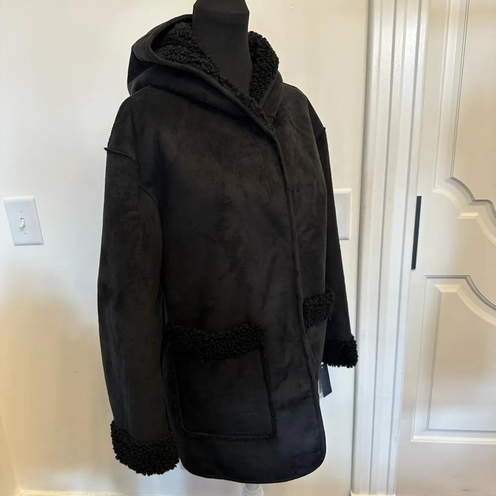 Lucky Brand Faux Shearling Lined Black Faux Suede Barn Coat Hooded Jacket NEW - Image 12