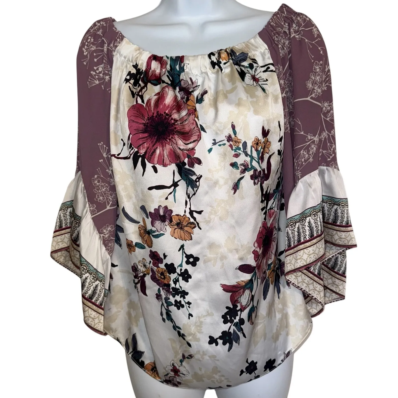 WHITE‎ HOUSE BLACK MARKET Floral On/Off Shoulder Belled Sleeve Satin Top Size MP - Image 2