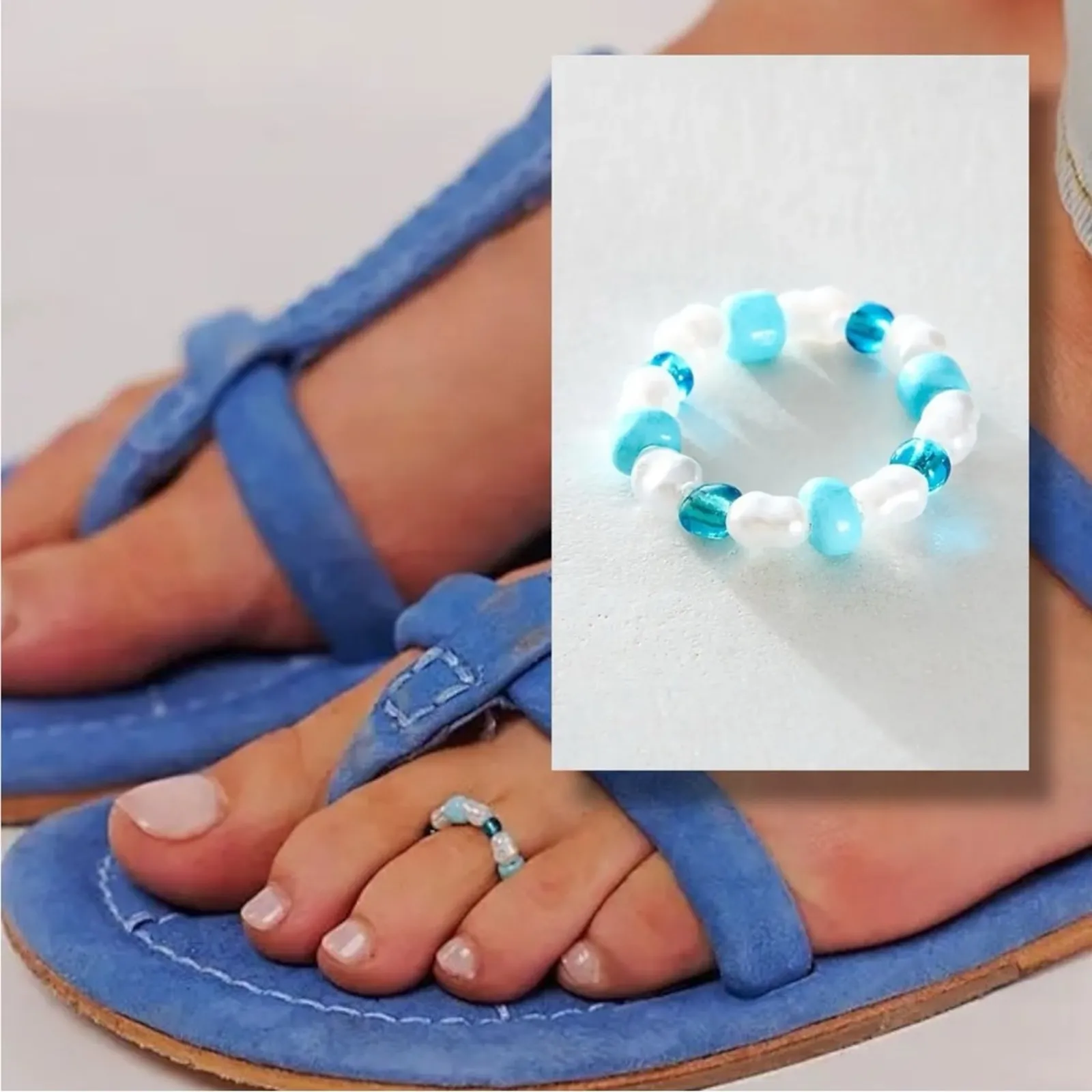 Free People Kleo Ring in Turquoise Pearl Toe Ring One Size Beach Bohemian Summer - Image 2