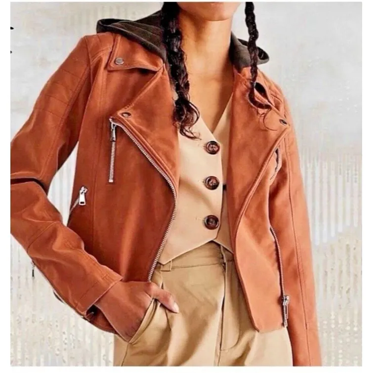 We The Free People Women’s Medium black Hood Tan Camel Vegan Leather Moto Jacket - Image 2