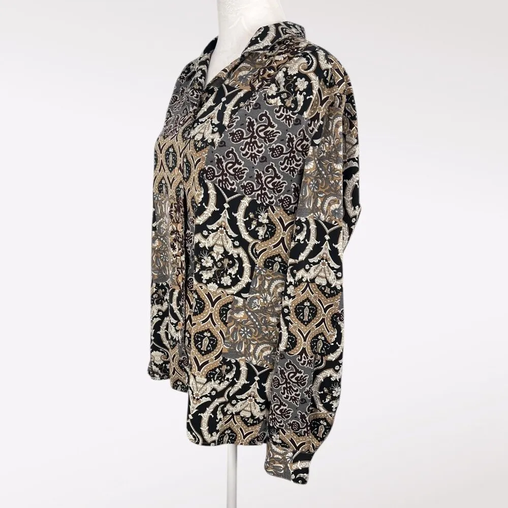 Alfred Dunner Print Button Front Long Sleeve Blouse Black Tan Medium - Image 4