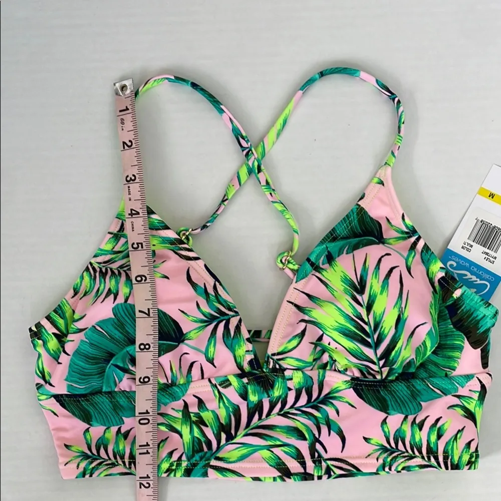 California Waves Pink and Green Palm Leaf Bikini Swimwear Top Medium - Image 7