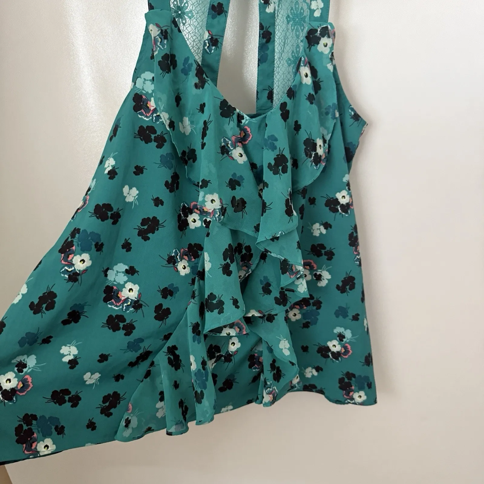 LC Lauren Conrad Cami Tank Racer Back Lace Ruffle Teal Floral Cottagecore Top XS - Image 5