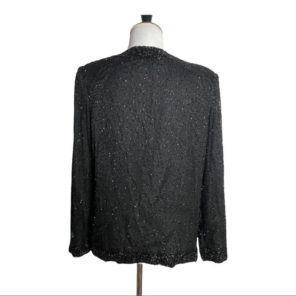 Laurence‎ Kazer All Over Beaded Open Jacket Women Size M Black Silk Formal Party - Image 4