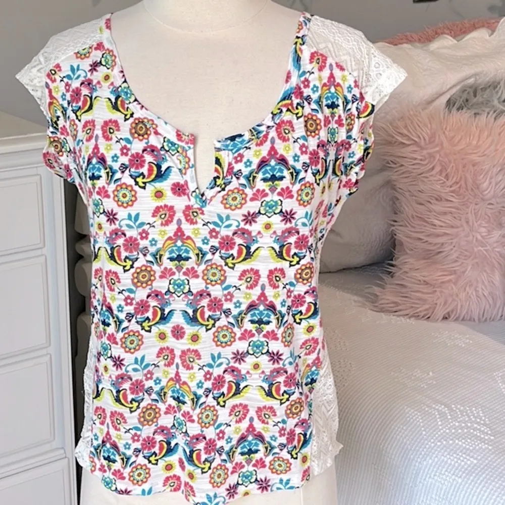 Bohemian Top Lace Knit Colorful Shirt Lightweight Womens Small - Image 2