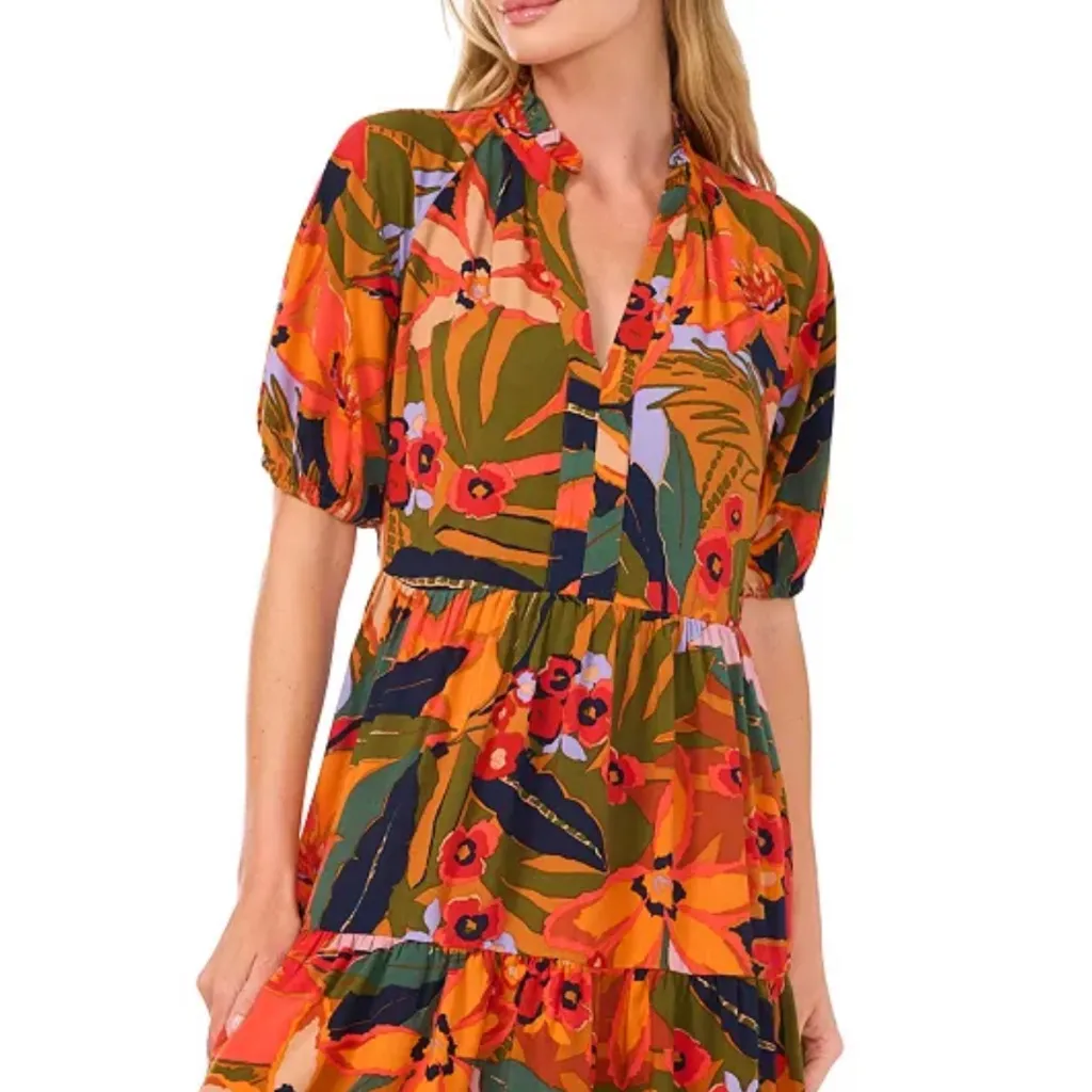 CeCe Orange Floral‎ Short-Sleeve Babydoll Dress Sz L - Image 2