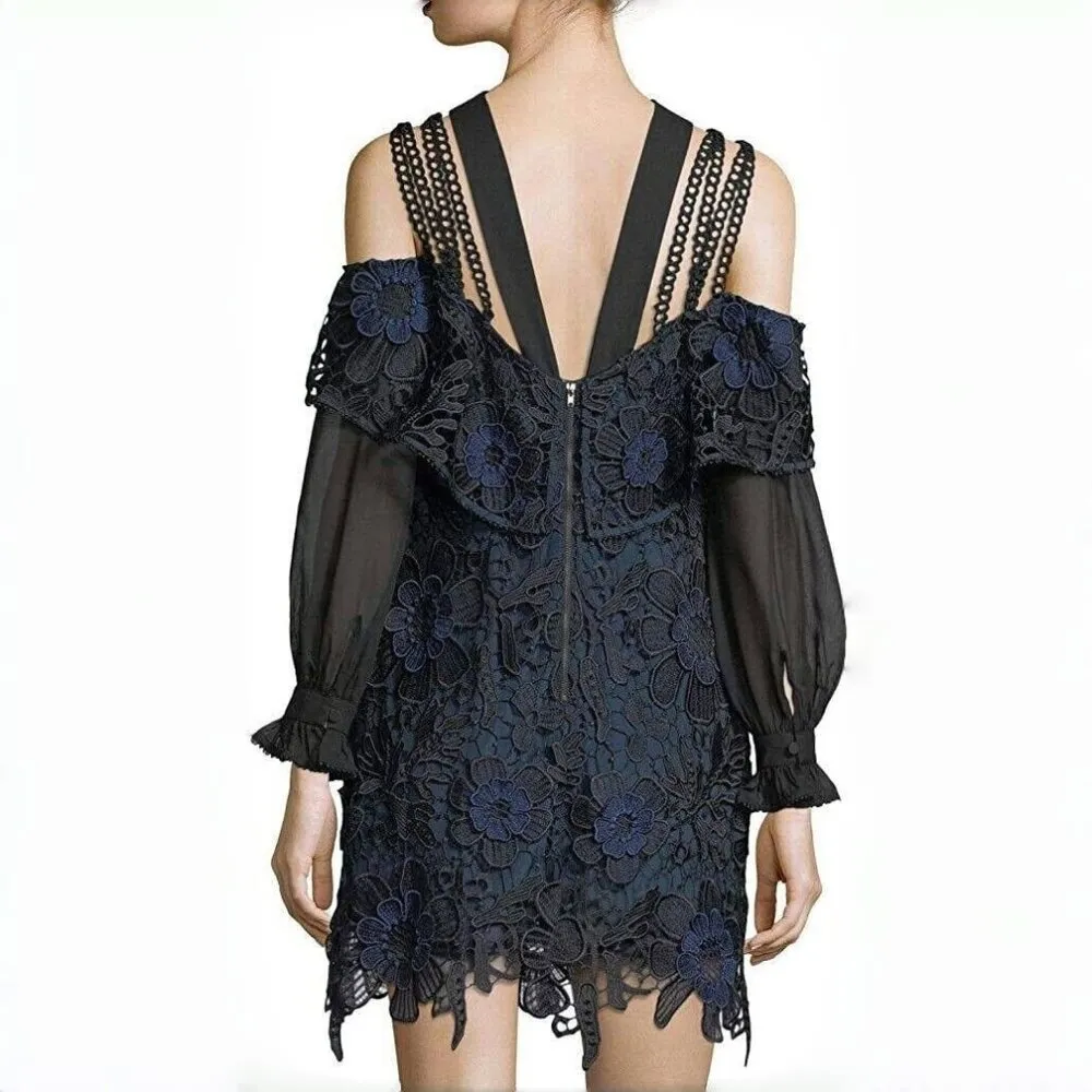 NWT Self Portrait Navy 3D Cold Shoulder Floral Guipure LACE Mini Dress Sz 8 - Image 3