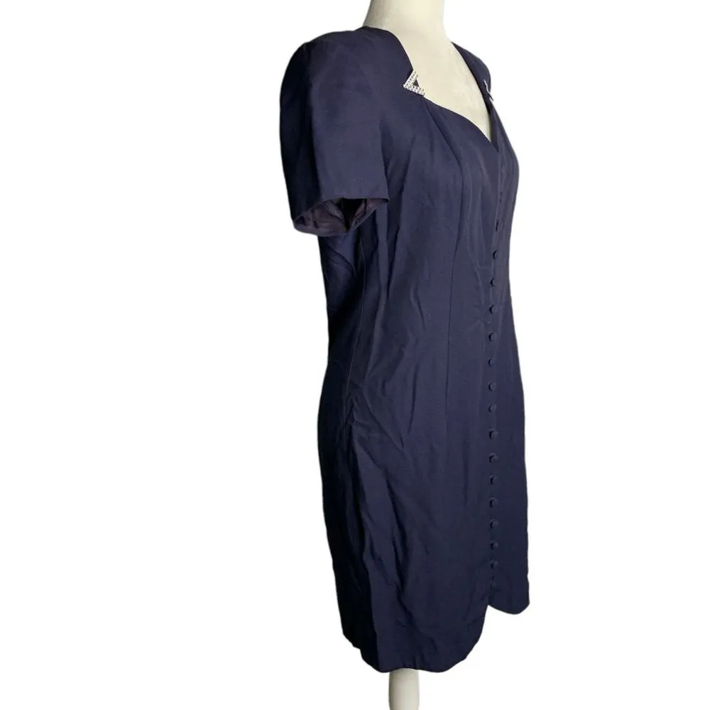 Vintage 80s Wiggle Sheath Dress M Blue Buttons Zip Sweetheart Short Sleeves - Image 5