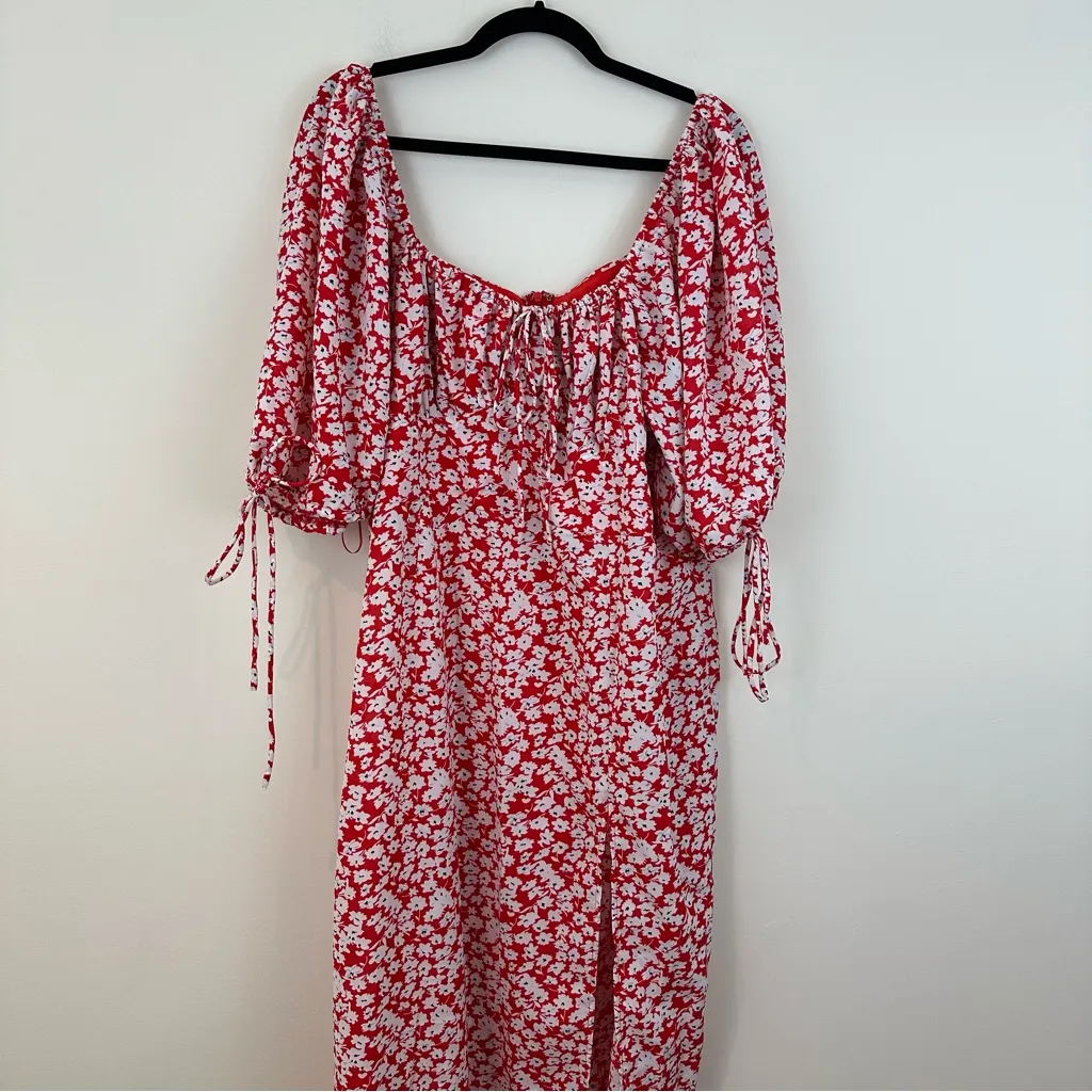 Showpo. Red and White Ditsy Floral Red Dress Midi Slitted Dress Size 16 - Image 2