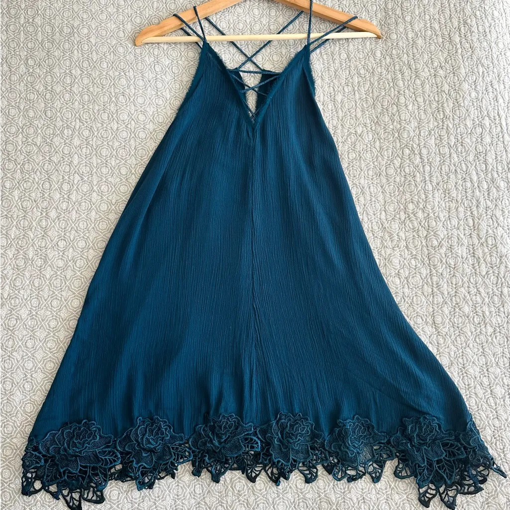 Free People Wicked Spell Tunic Mini Dress Teal Blue Boho Embroidered Size M - Image 5