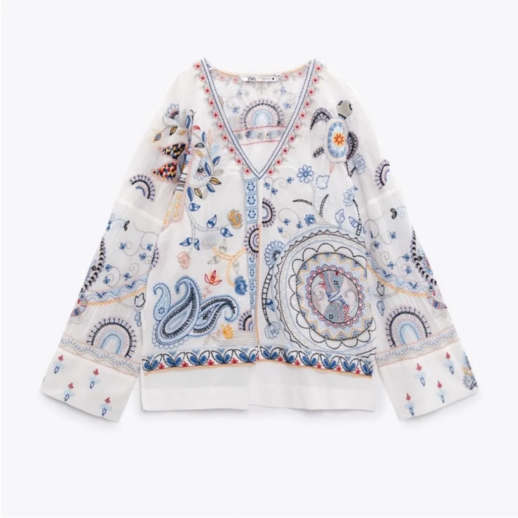 Zara Embroidered Floral Fish Turtle Bird V-Neck Blouse Oyster White Small - Image 3