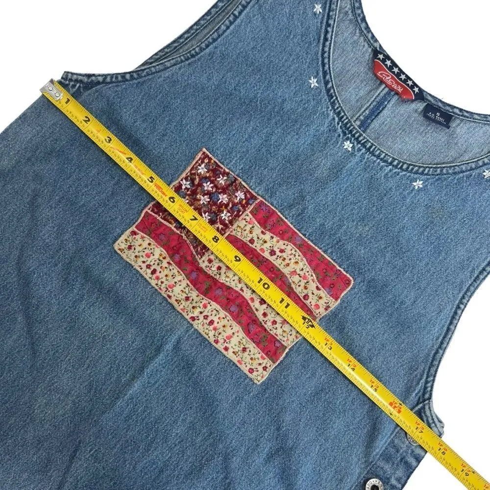 Vintage Agapo Quilted American Flag Denim Jumper Maxi Dress Blue - Image 6