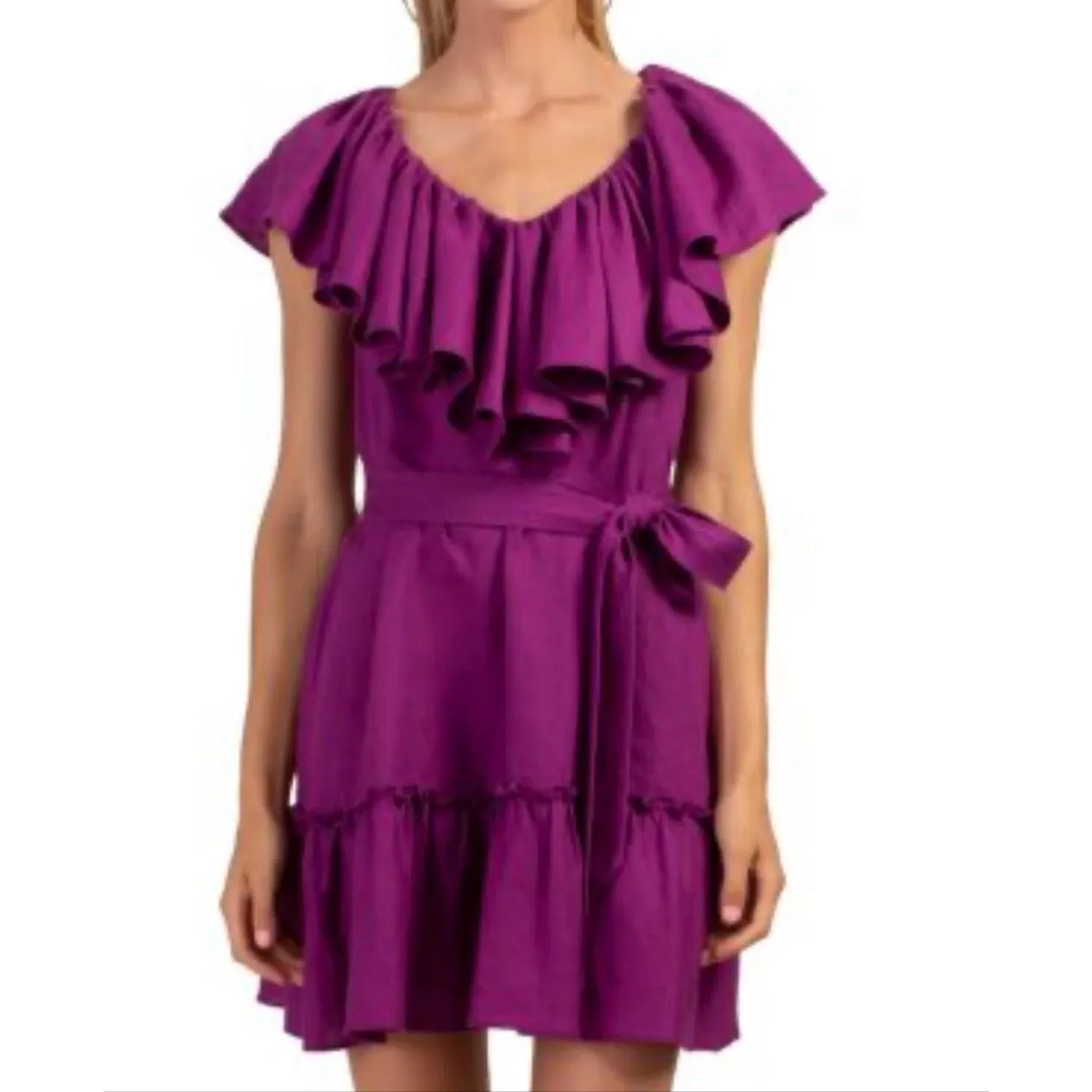 Trina Turk NWT 100% linen out of office purple ruffle neck dress small - Image 2