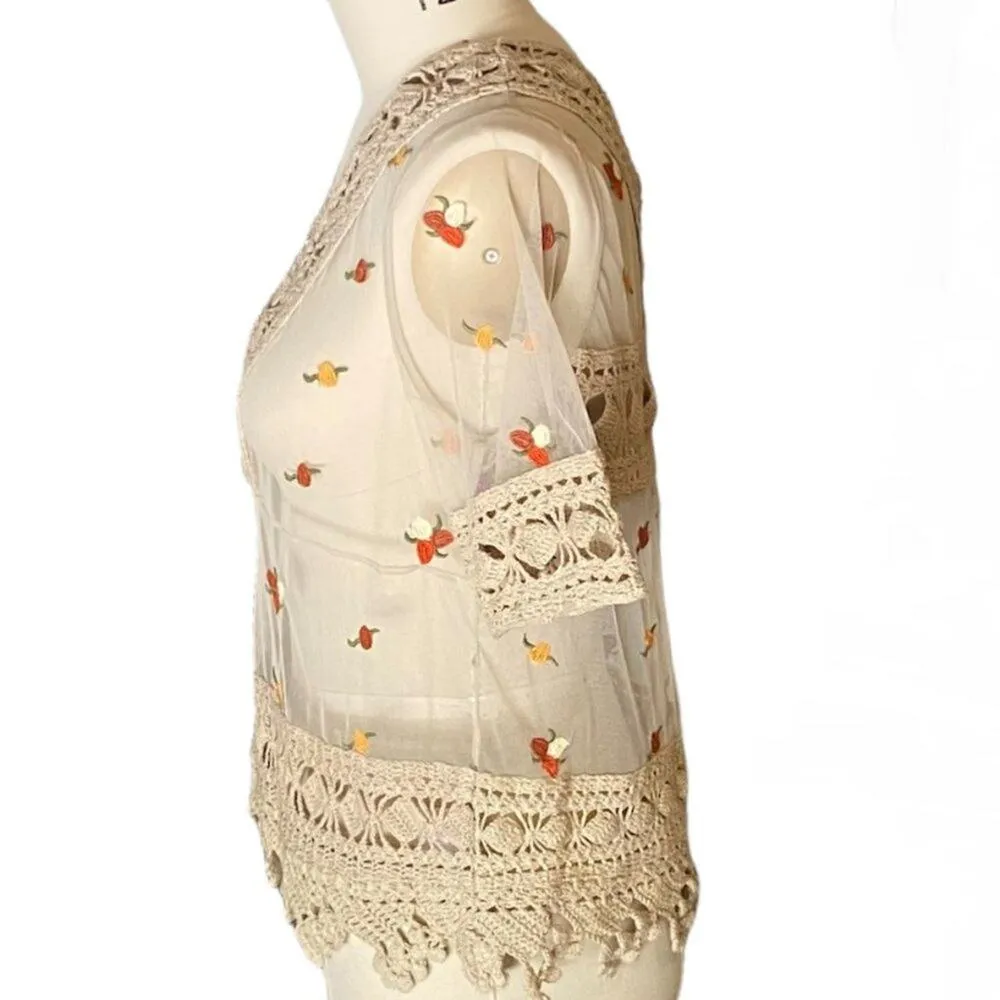 HOUSE OF HARLOW 1960 Bohemian Revolve Sheer Crochet Beige Boho Blouse ~ SMALL Tan - Image 4