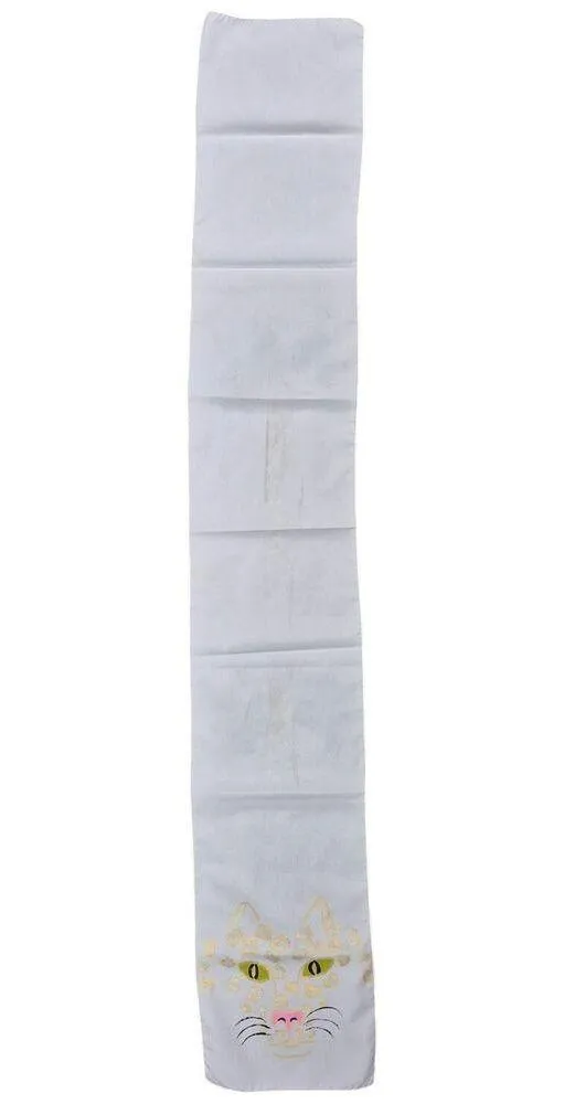 vintage White Hand Painted Kitty Cat Leopard Scarf 1970s Acetate 53" long - Image 2