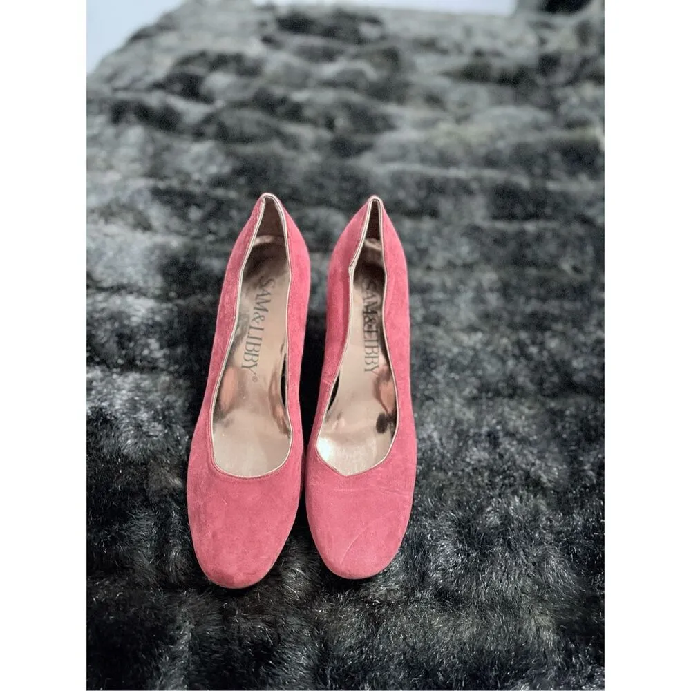 SAM & LIBBY Red Burgundy Suede Leather Wedge Heel Shoes Flower Embellish Boho 8 - Image 2