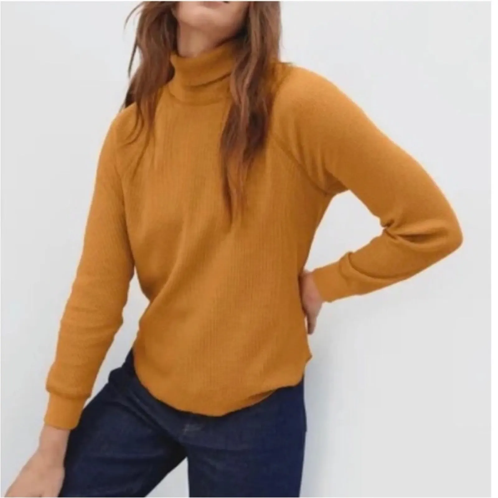 Everlane Waffle Knit Turtleneck Top Long Sleeve Organic Cotton Amber Size S - Image 12