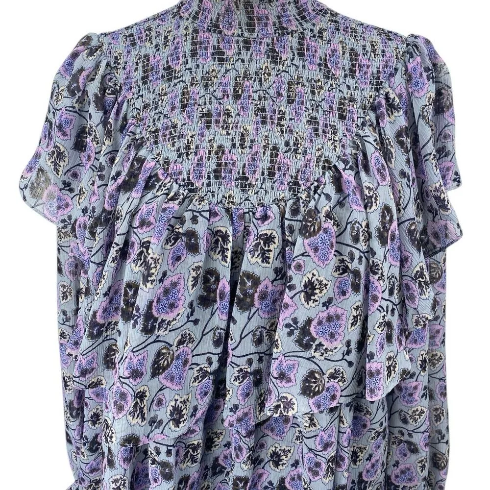 Cinq A Sept Drew Georgette Purple Floral Ruffle Tiered Long Sleeve Mini Dress 10 - Image 3