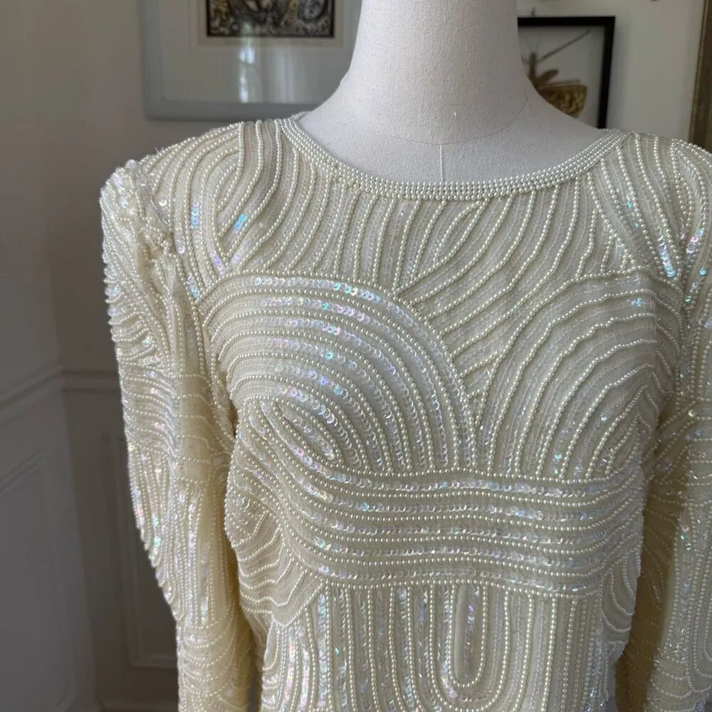 Vintage 80s Joan Leslie Evenings Mix and Match Beaded Top Chiffon Midi Skirt S - Image 3