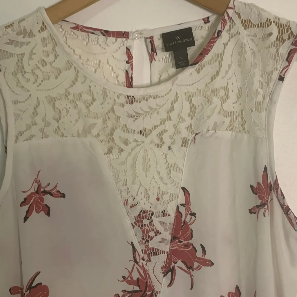 Vince Camuto Ivory and Burgundy Floral Lace Blouse White Size L - Image 2