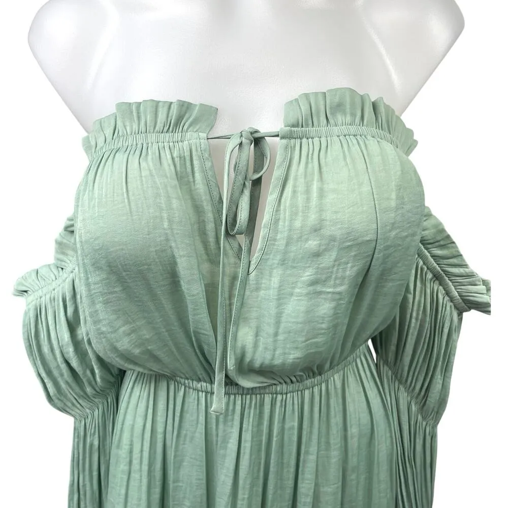 Forever 21 Green Off Shoulder Ruffle Tie Long Sleeve Elastic Waist Mini Dress M - Image 7