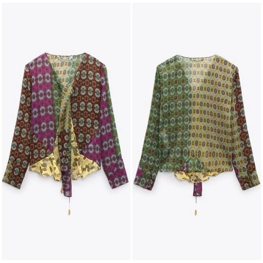 Zara Boho Peasant Scarf Y2K Semi‎ Sheer Jeweled Patchwork Blouse Size S 7718/009 - Image 3