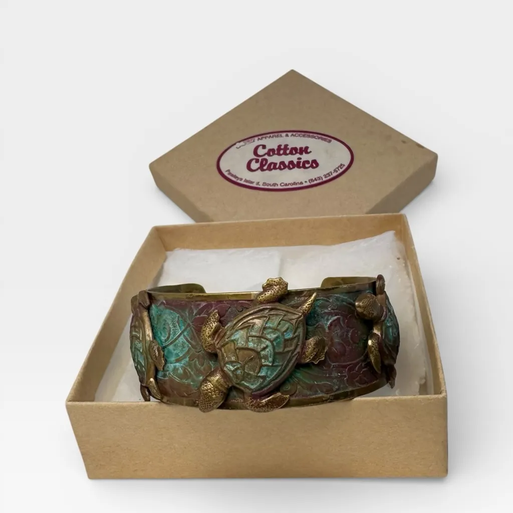 Elaine Coyne Collectible Artwear Sea Turtle Cuff Bracelet Verdigris Patina Brass Brown - Image 2