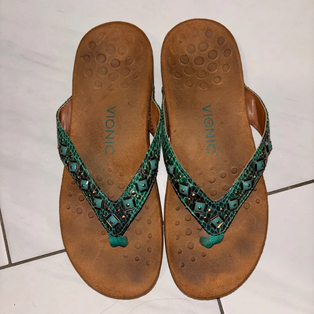 Vionic Womens Floriana Teal Snake Leather Turquoise Sandals Flip Flops - Image 2