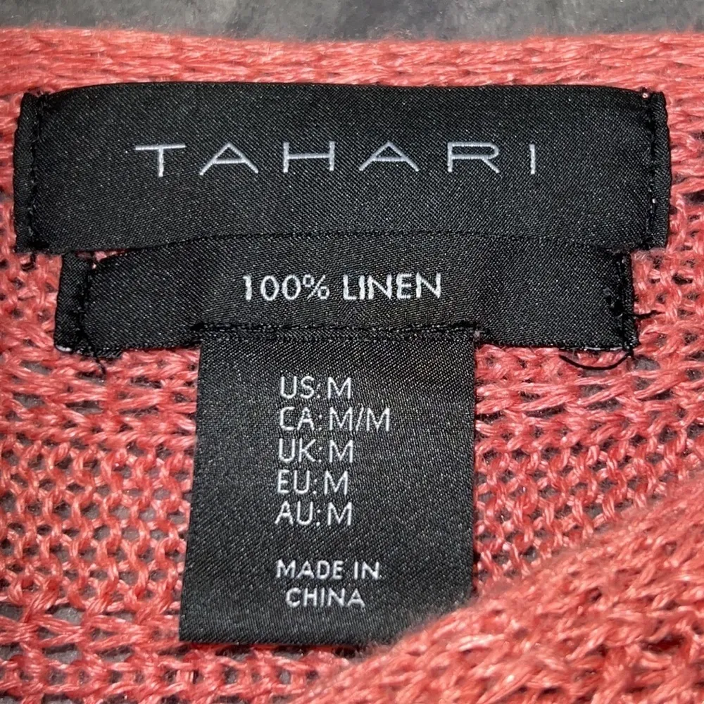 TAHARI medium 100% linen pullover sweater short sleeve open knit blush color - Image 3