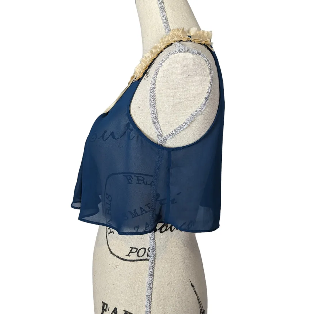 McGinn Sheer Ruffled Shoulder Cropped Top Teal & Cream Size 4 Blue - Image 3