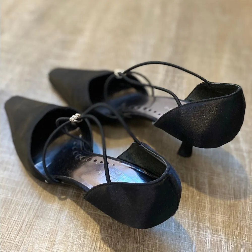 Y2K Vintage Liz Claiborne Satin Strappy Black D'Orsay Heels 6.5 Evening Wedding - Image 7