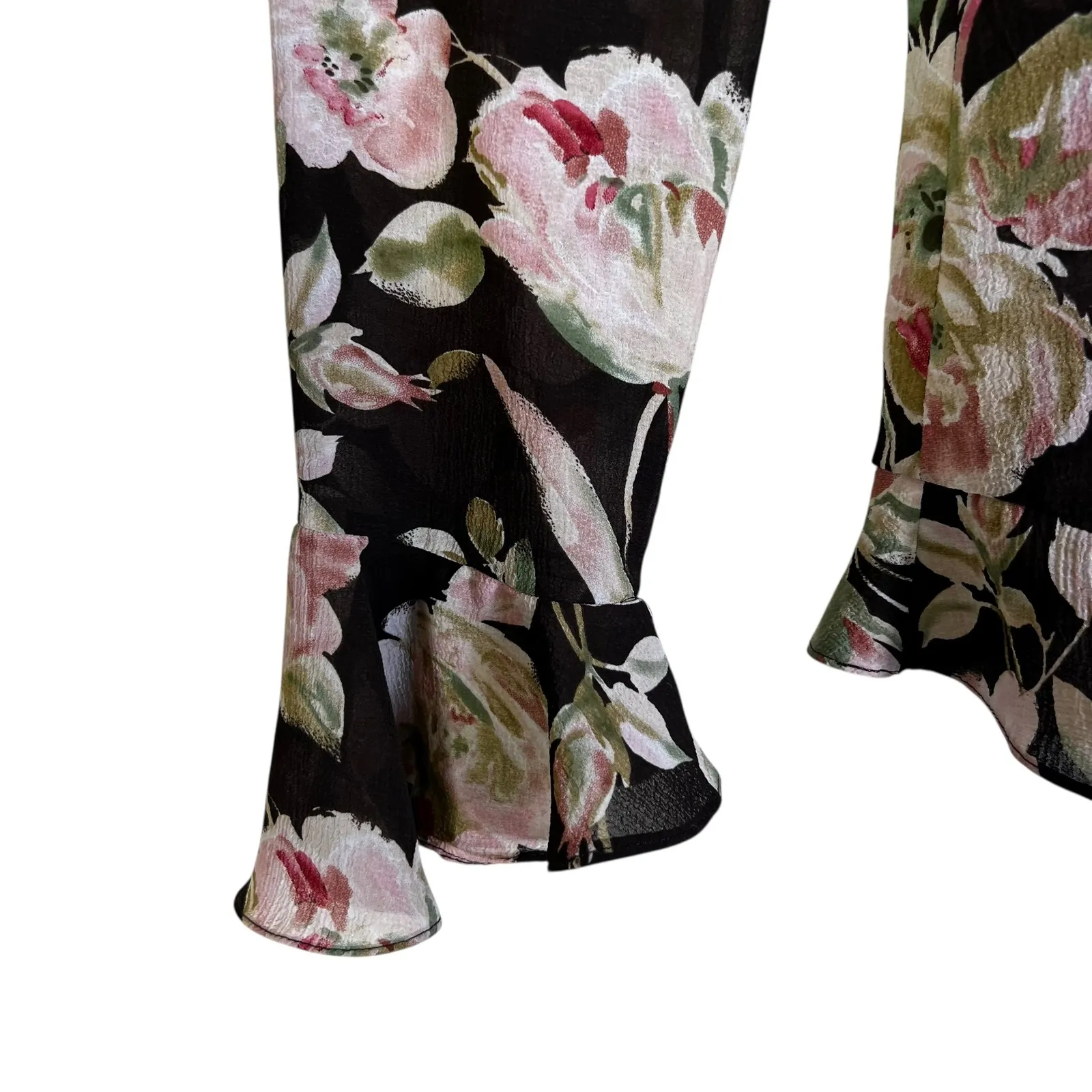 Emma James Petite Black Floral Ruffle Neck Long Sleeve Blouse Women's Size 6 - Image 4