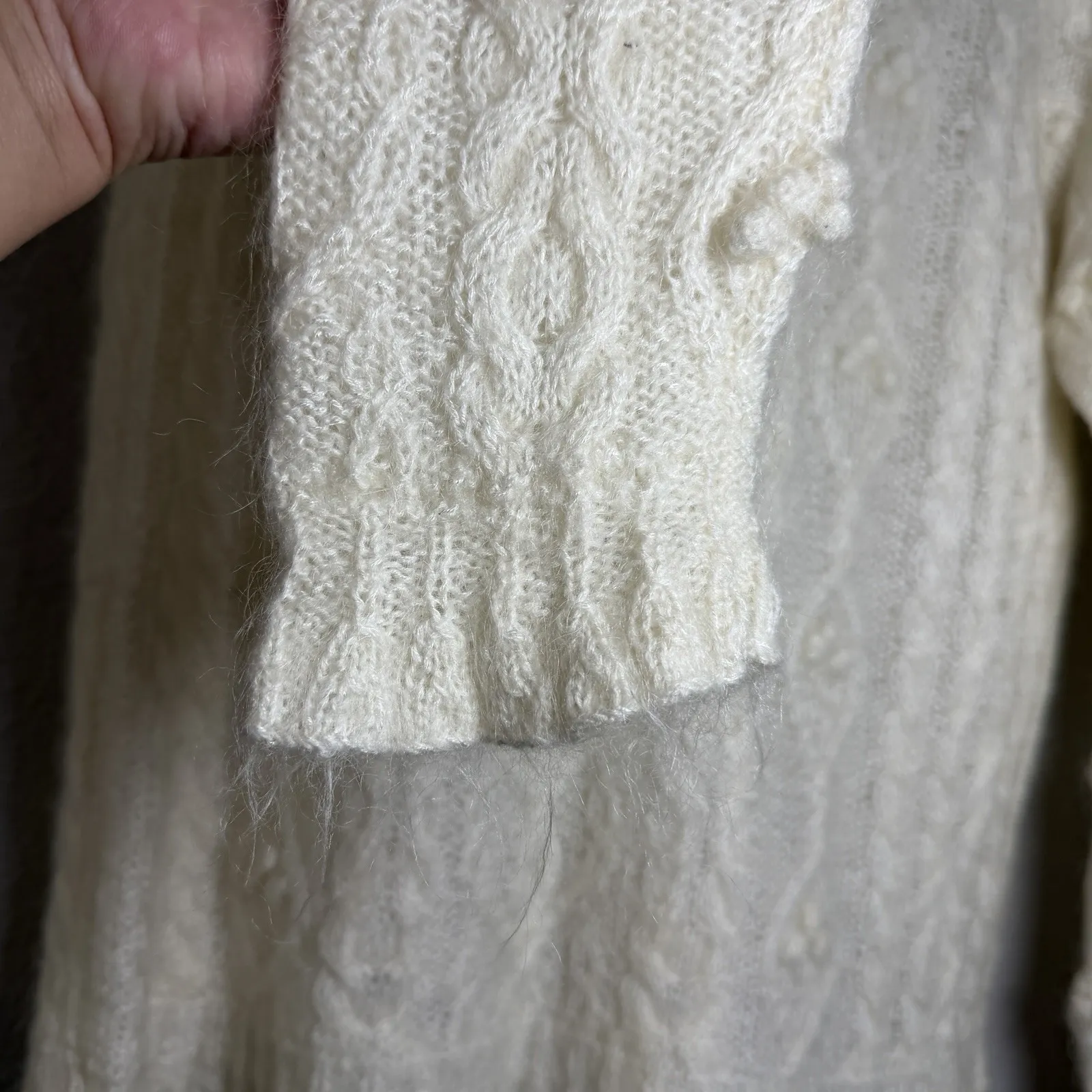 VTG Express Tricot Womens Size S Handknit Mohair Wool Cable Knit Sweater Ivory - Image 8