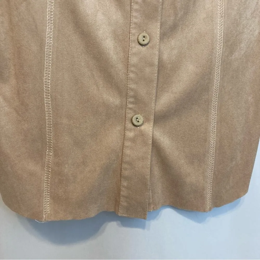 Vintage Ultra Suede Leather Tan Custom Made Long Sleeves Button Up Blouse Top Size M - Image 3