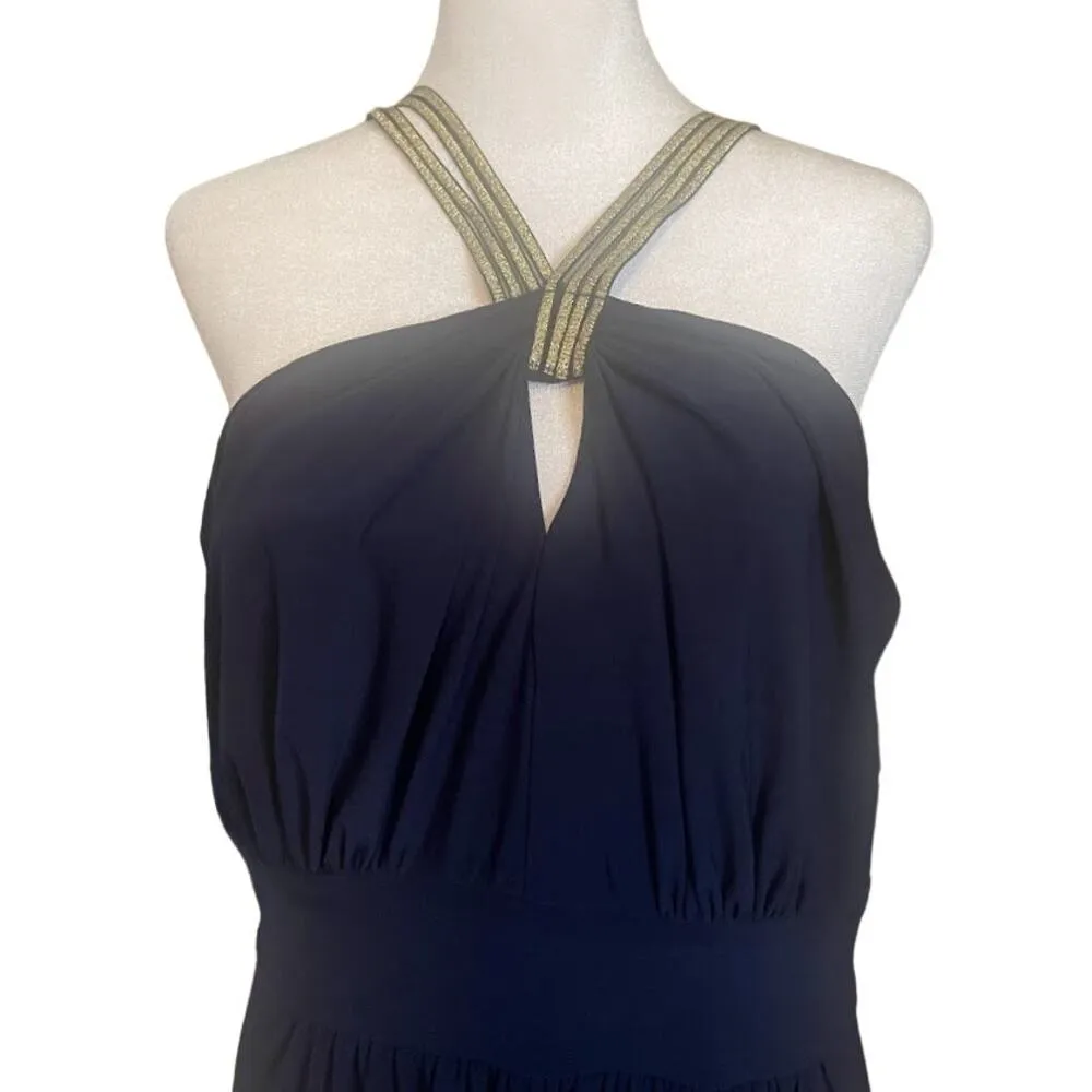 B. Smart Navy Gold Trim Halter Neck Dress Size 14W - Image 2