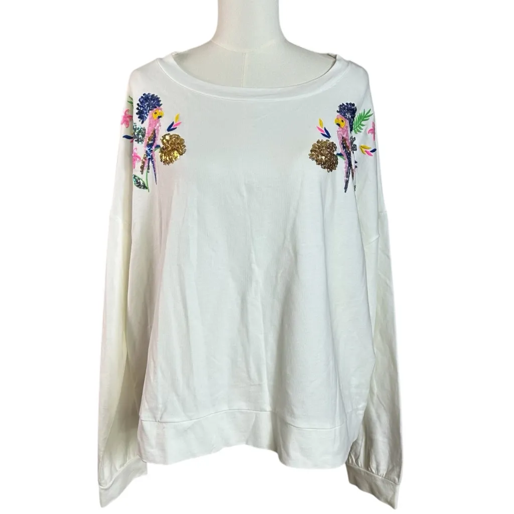 Lilly Pulitzer XL Sheridan Long Sleeve Sweatshirt in Resort White Sequin Parrot - Image 2