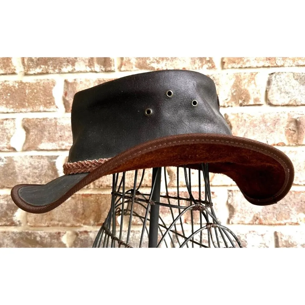 Vintage Australian Geographic Leather Hat Large 59 Brown Aussie Down Under - Image 7