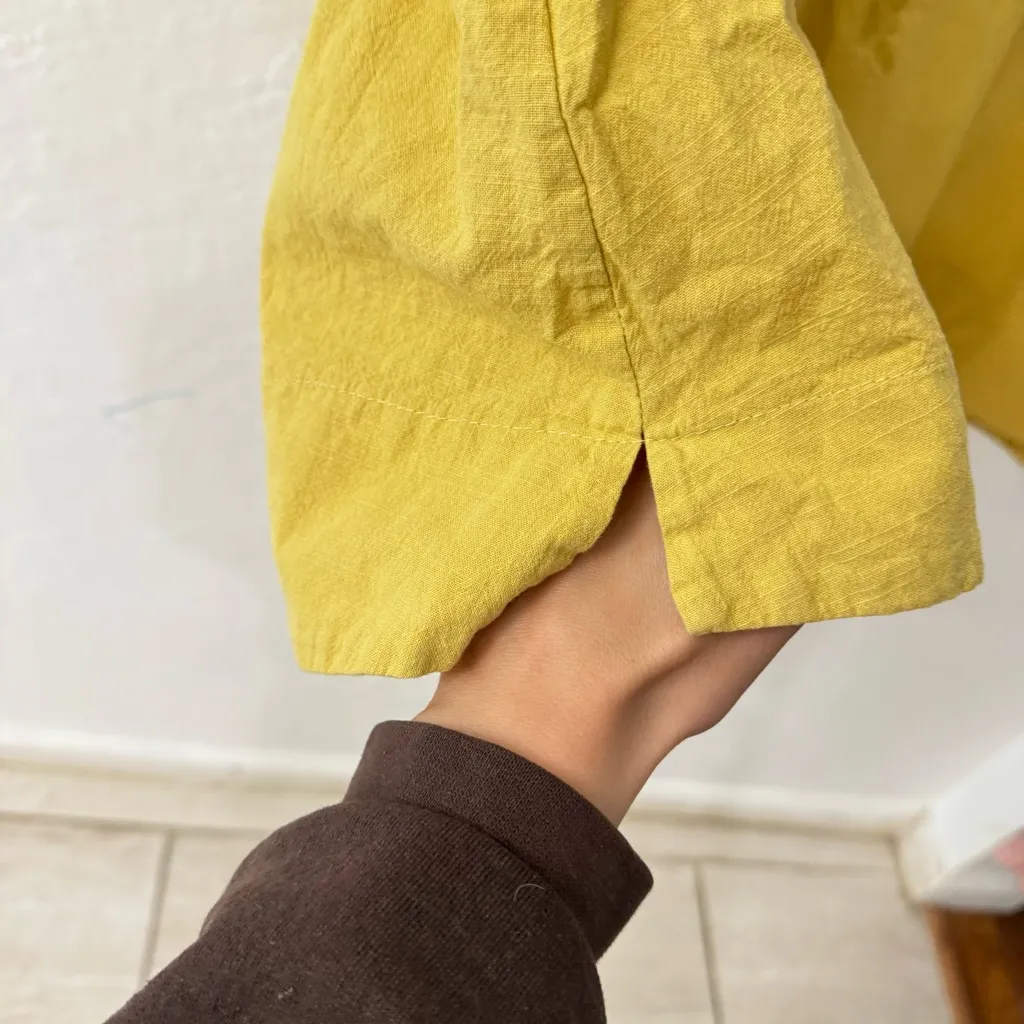 Yellow Linen Cotton Blend Boxy Embroidered Button Down Short Sleeve Gold Size L - Image 5