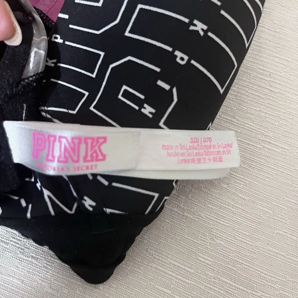 Victoria's Secret PINK Wear Everywhere Wireless Bra Black Monogram 32D Size undefined - Image 3